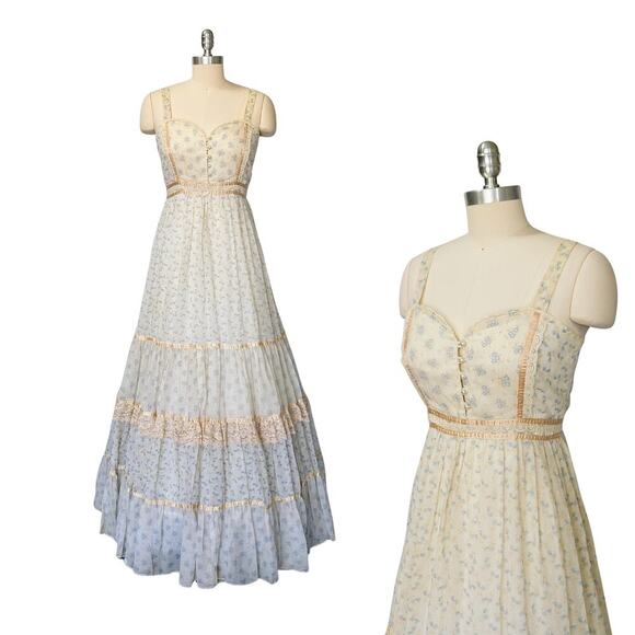 Gunne Sax Dresses & Skirts - Gunne Sax Vintage 70s Floral Maxi Dress Size 13 M Prairie Calico Ivory Lace